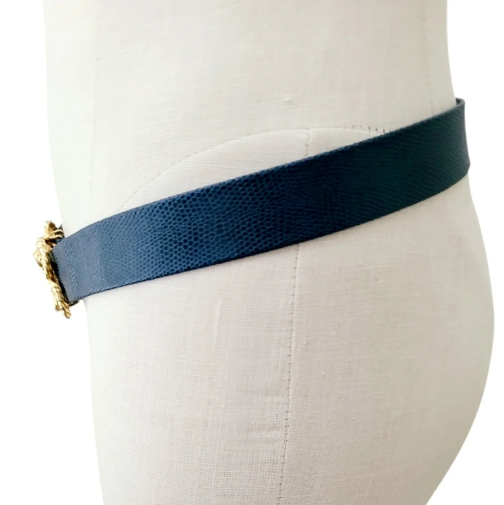 Chic 1990s Blue Lizard Skin Adjustable Belt W Heavy Gold Buckle